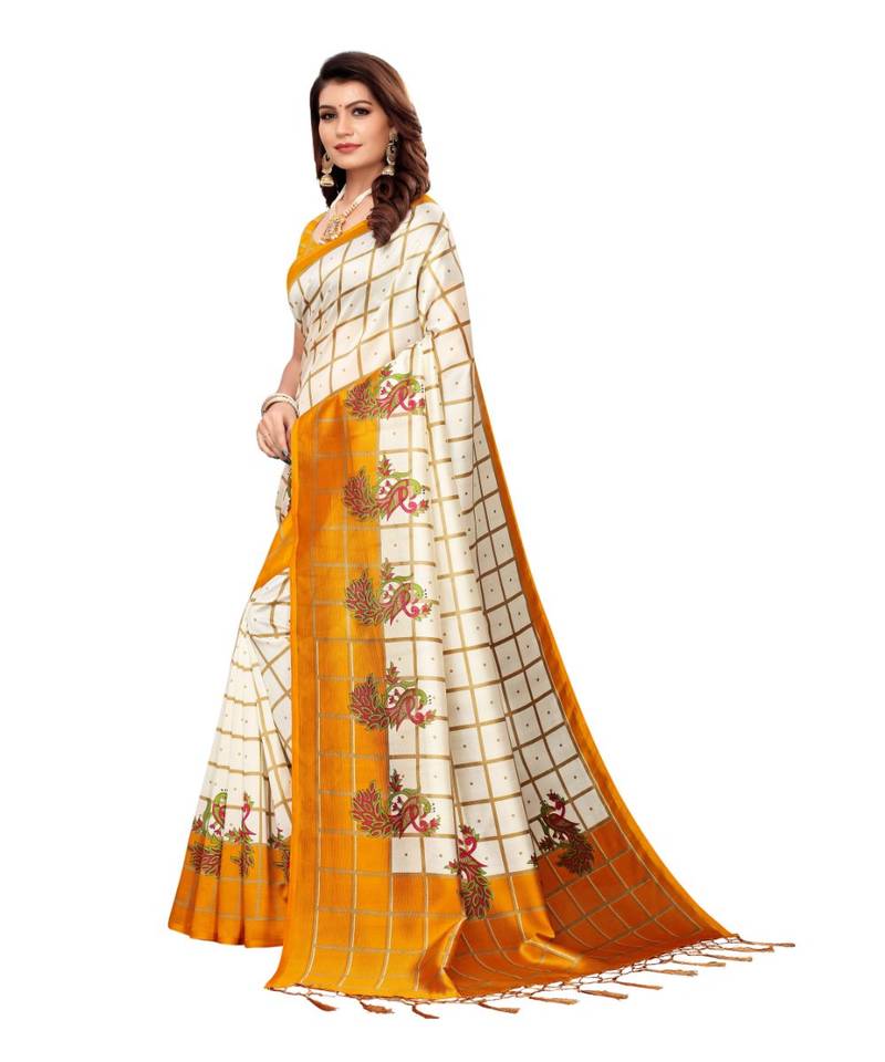 White and Yellow Coloured plain synthetic khadi silk saree with blouse