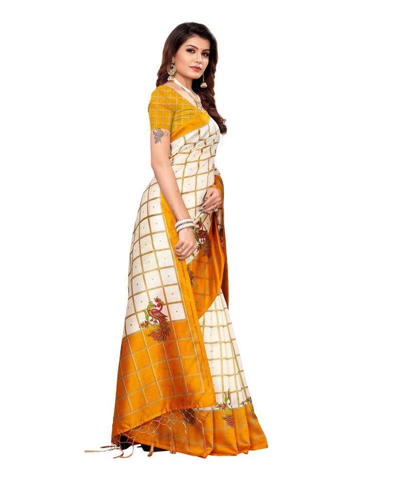 White and Yellow Coloured plain synthetic khadi silk saree with blouse