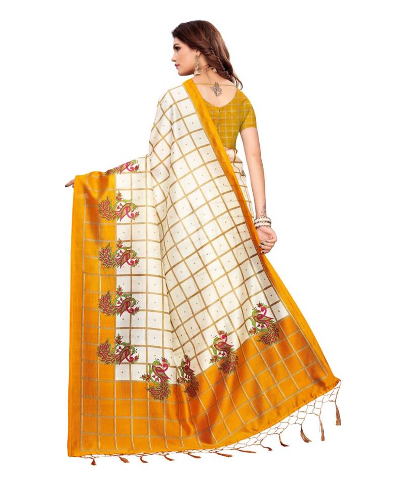 White and Yellow Coloured plain synthetic khadi silk saree with blouse