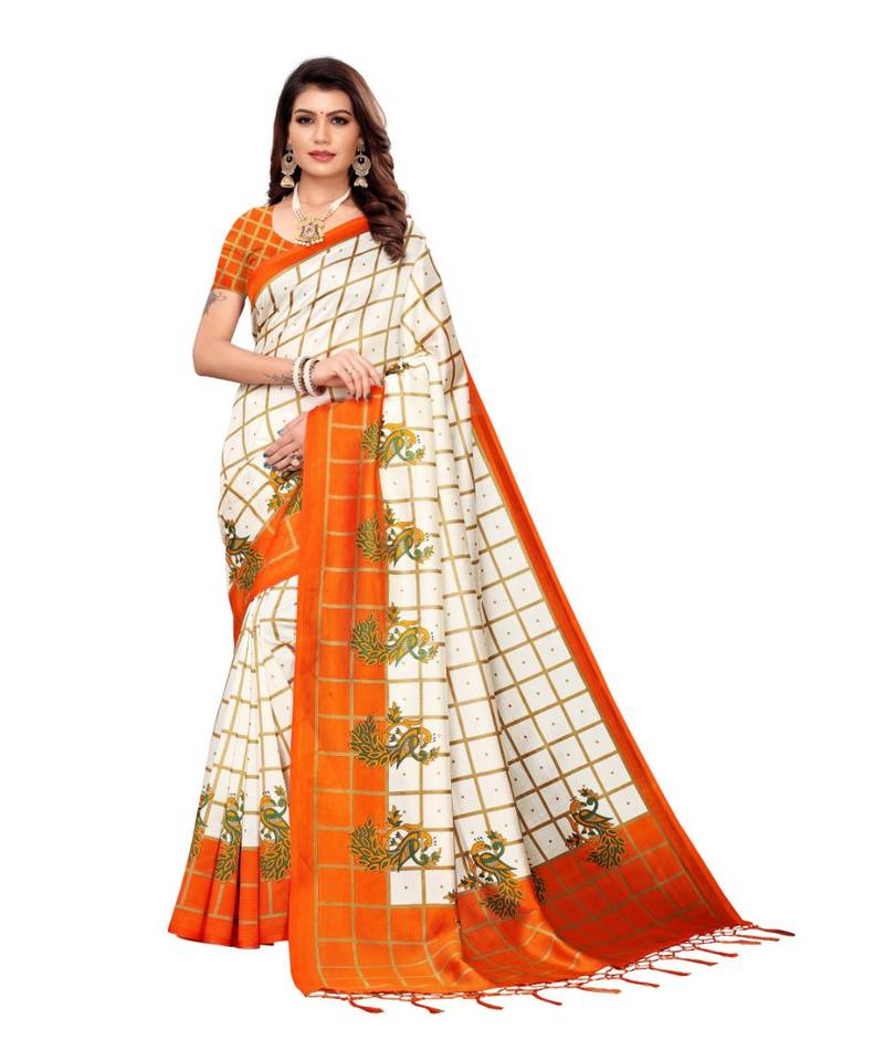 White and orange Coloured plain synthetic khadi silk saree with blouse