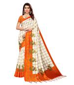 White and orange Coloured plain synthetic khadi silk saree with blouse