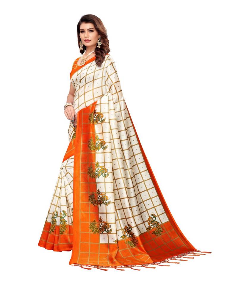 White and orange Coloured plain synthetic khadi silk saree with blouse