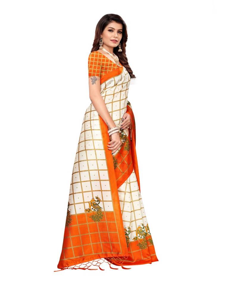 White and orange Coloured plain synthetic khadi silk saree with blouse