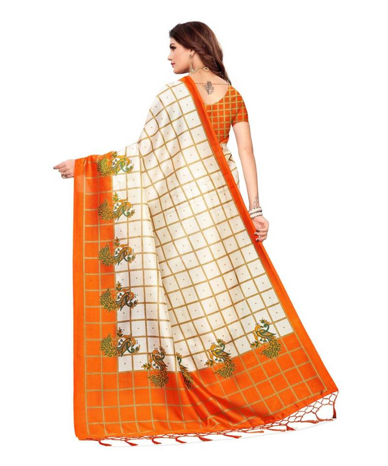 White and orange Coloured plain synthetic khadi silk saree with blouse