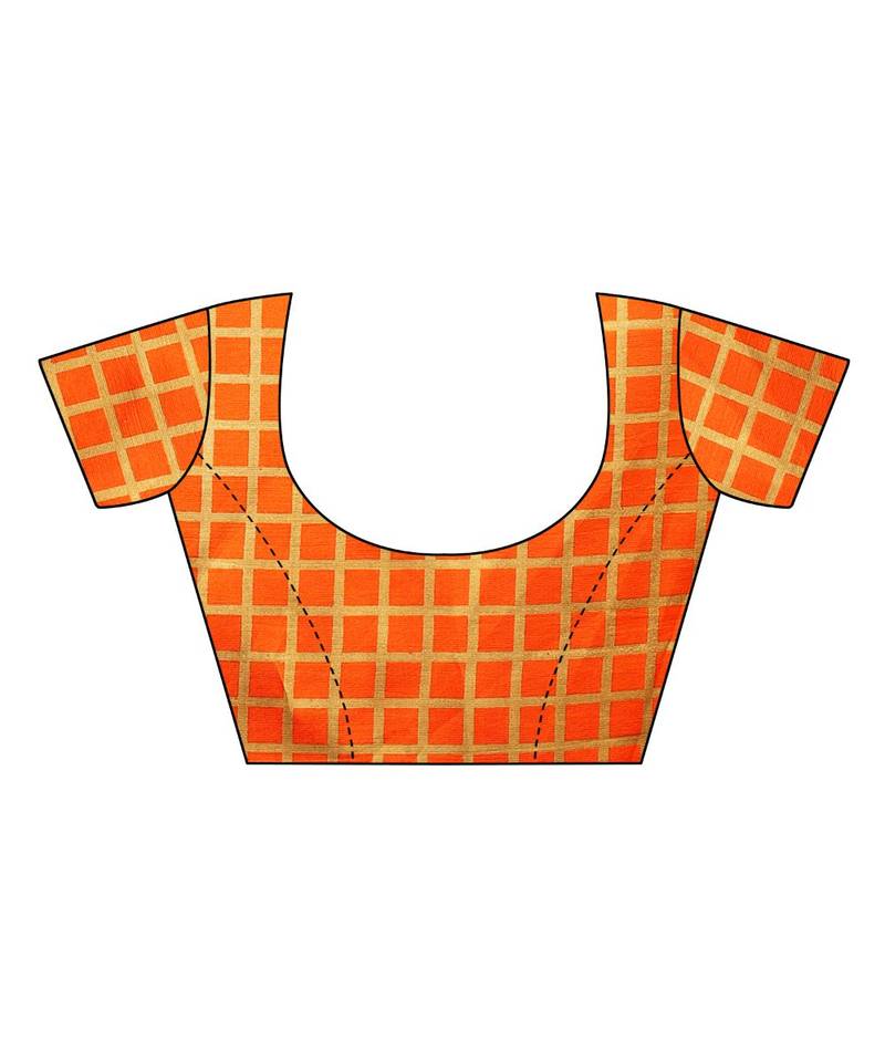 White and orange Coloured plain synthetic khadi silk saree with blouse