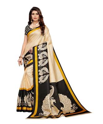 Beige and black Coloured plain synthetic khadi silk saree with blouse 1
