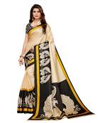 Beige and black Coloured plain synthetic khadi silk saree with blouse