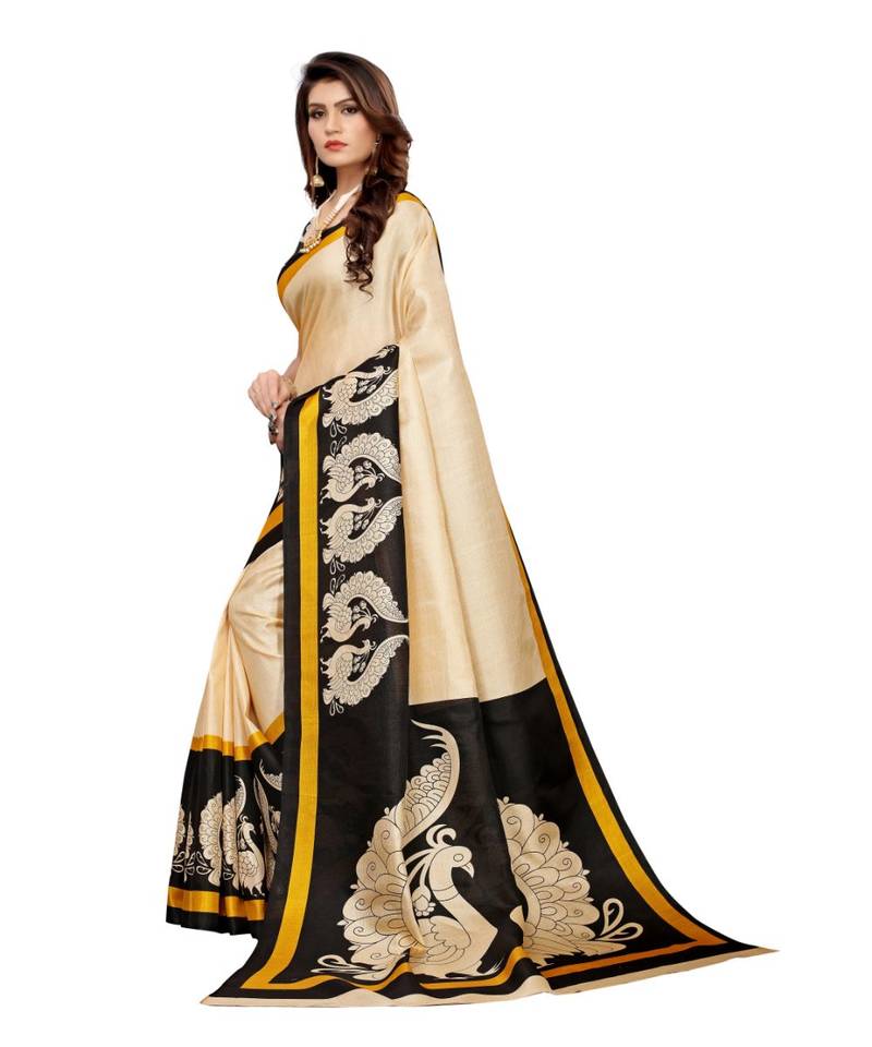 Beige and black Coloured plain synthetic khadi silk saree with blouse