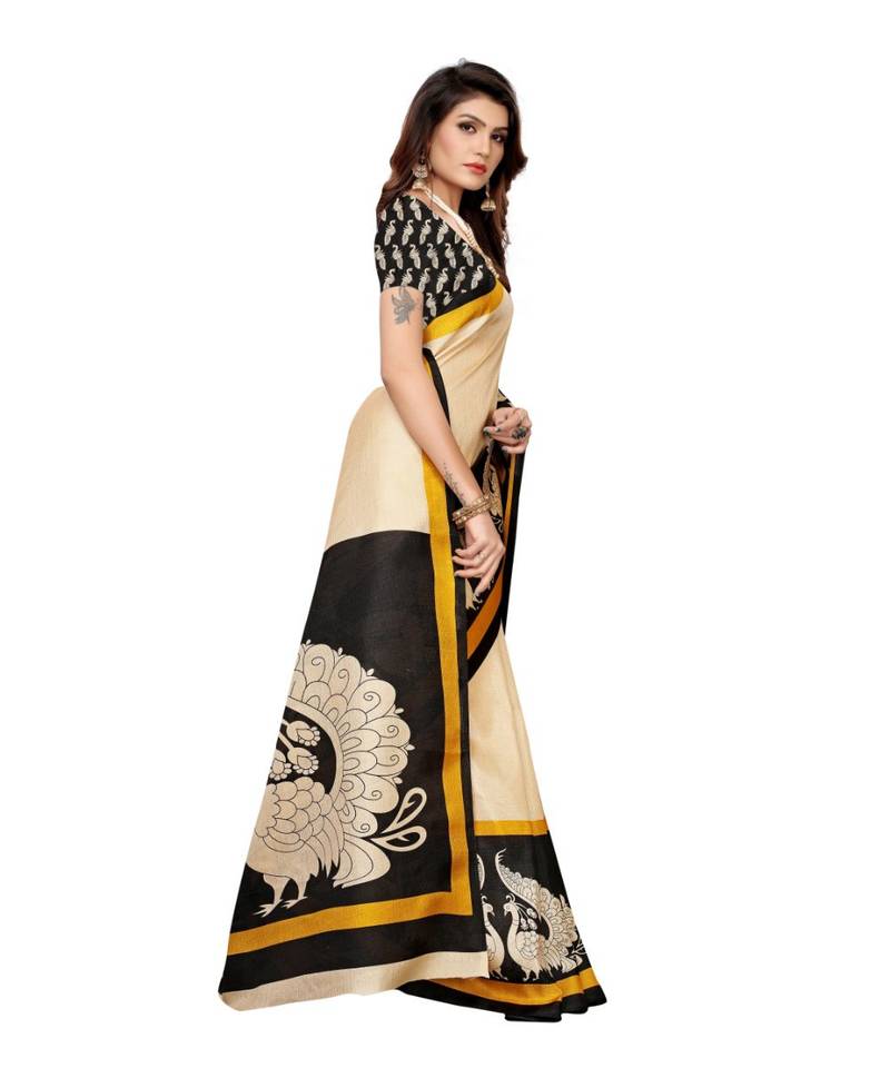 Beige and black Coloured plain synthetic khadi silk saree with blouse