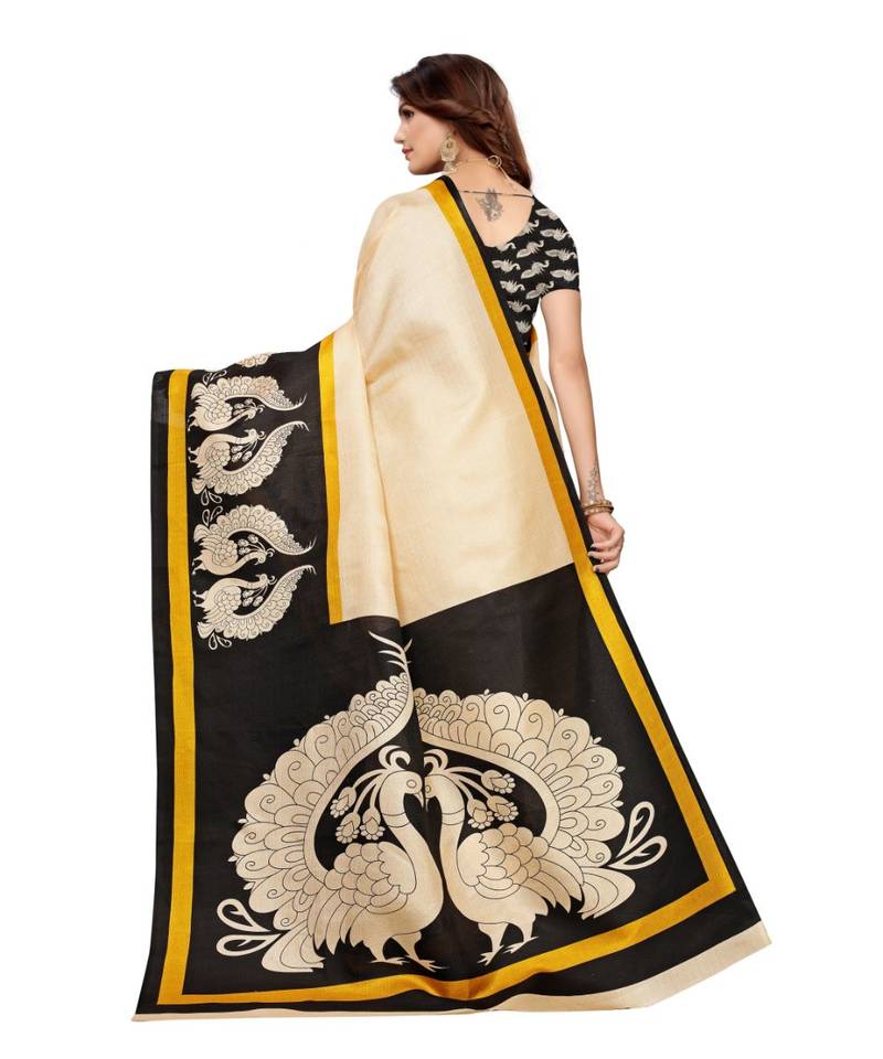Beige and black Coloured plain synthetic khadi silk saree with blouse