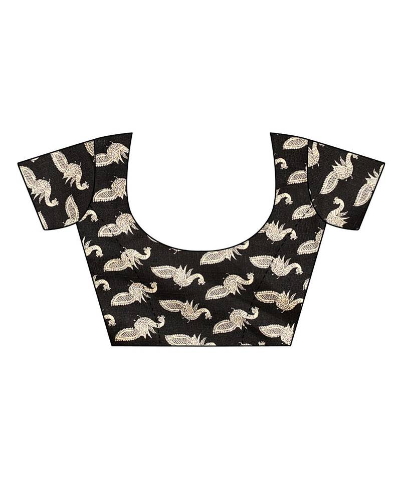 Beige and black Coloured plain synthetic khadi silk saree with blouse