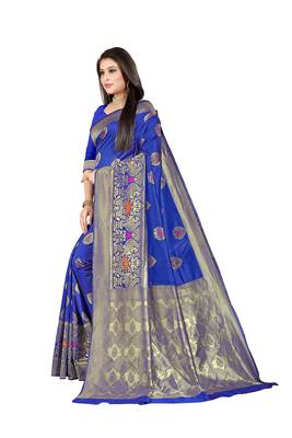  royal blue woven jacquard saree with blouse 1