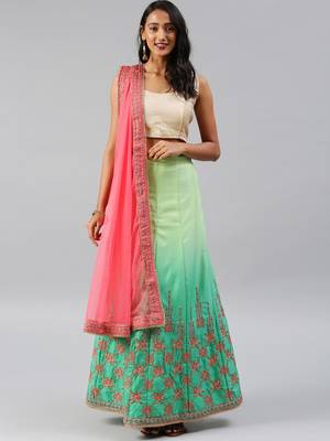 Green embroidered Satin unstitched ghagra choli 1