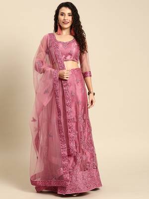 Pink embroidered Net unstitched ghagra choli 1
