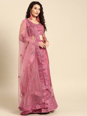 Pink embroidered Net unstitched ghagra choli 3