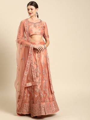 Peach embroidered Net unstitched ghagra choli 1