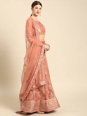 Peach embroidered Net unstitched ghagra choli 3