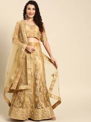 Beige embroidered Net unstitched ghagra choli 1