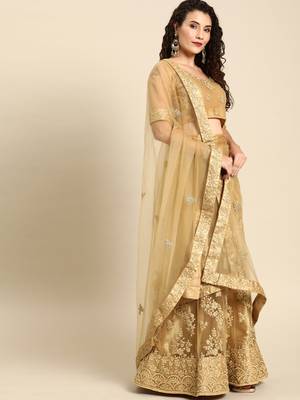 Beige embroidered Net unstitched ghagra choli 3