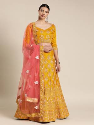 Yellow embroidered art silk unstitched ghagra choli 1