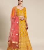 Yellow embroidered art silk unstitched ghagra choli