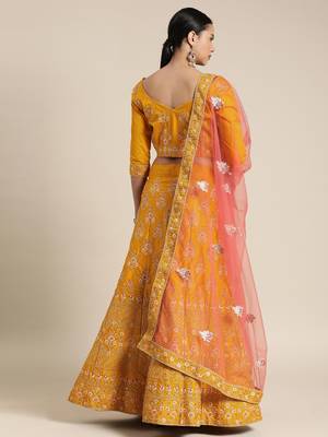 Yellow embroidered art silk unstitched ghagra choli 2