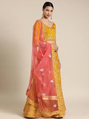 Yellow embroidered art silk unstitched ghagra choli 3