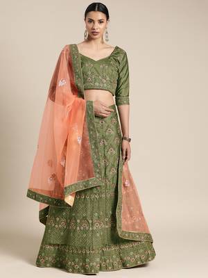 Green embroidered art silk unstitched ghagra choli 1