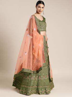 Green embroidered art silk unstitched ghagra choli 3
