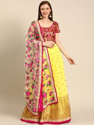 Yellow embroidered Net unstitched ghagra choli 1