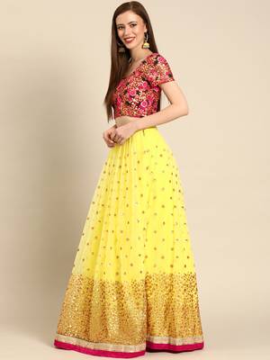 Yellow embroidered Net unstitched ghagra choli 3