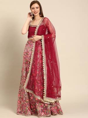 Pink embroidered Net unstitched ghagra choli 1