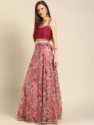 Pink embroidered Net unstitched ghagra choli 3