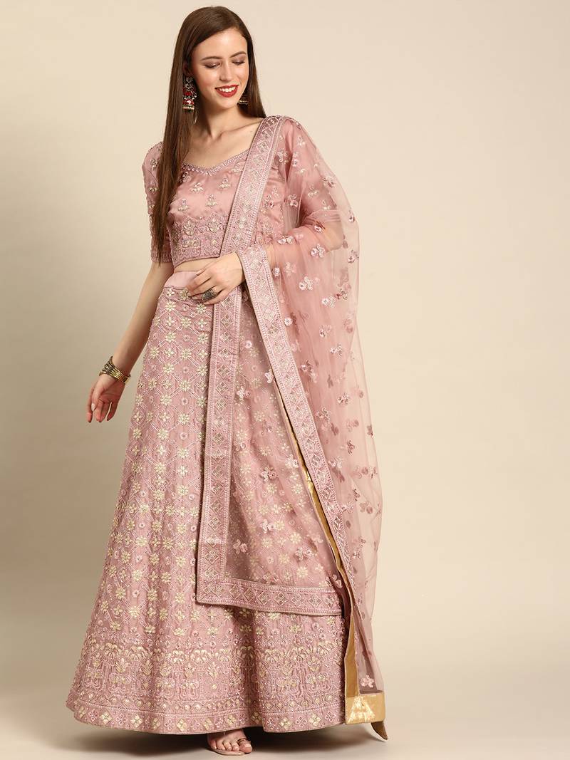 Peach embroidered art silk unstitched ghagra choli