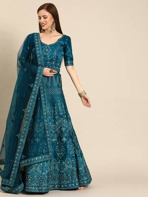 Blue embroidered art silk unstitched ghagra choli 1