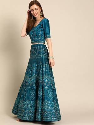 Blue embroidered art silk unstitched ghagra choli 3