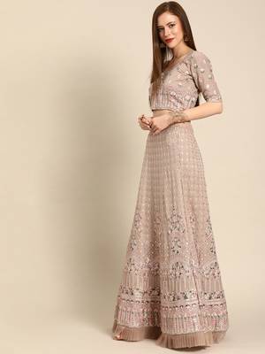 Beige embroidered Georgette unstitched ghagra choli 3