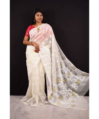 White Weaving Work Cotton Silk Jamdani Saree Without Blouse 1