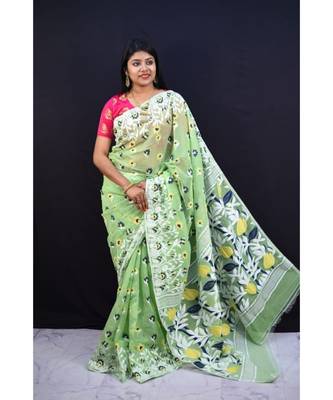 Olive Green Weaving Work Cotton Silk Jamdani Saree Without Blouse 1