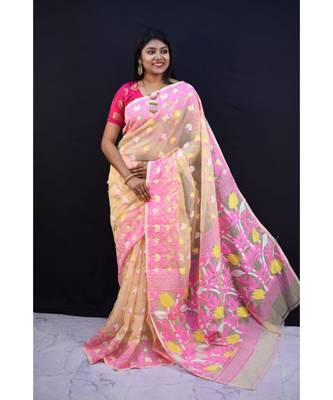 off White Weaving Work Cotton Silk Jamdani Saree Without Blouse 1
