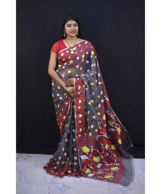 Grey Weaving Work Cotton Silk Jamdani Saree Without Blouse 1
