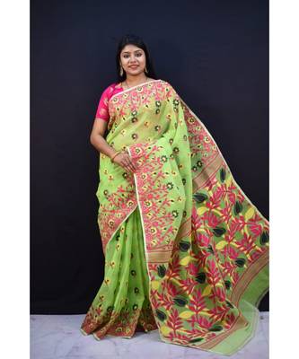 Green Weaving Work Cotton Silk Jamdani Saree Without Blouse 1