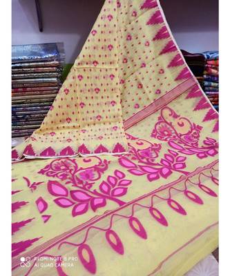 Cream Green Weaving Work Cotton Silk Jamdani Saree Without Blouse 1