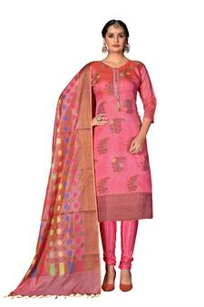 Women'S Peach Heavy Banarasi Jacquard Semi-Stitched Dress Material