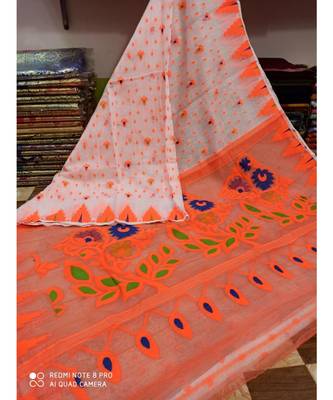 White Weaving Work Cotton Silk Jamdani Saree Without Blouse 1