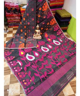 Grey Weaving Work Cotton Silk Jamdani Saree Without Blouse 1