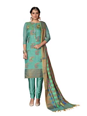Women'S Turquoise Heavy Banarasi Jacquard Semi-Stitched Dress Material 1
