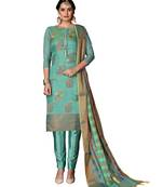 Women'S Turquoise Heavy Banarasi Jacquard Semi-Stitched Dress Material