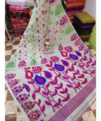 White Weaving Work Cotton Silk Jamdani Saree Without Blouse 1
