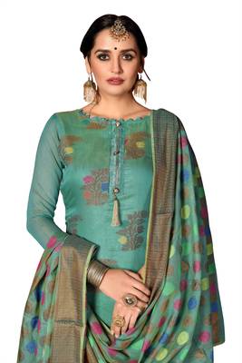 Women'S Turquoise Heavy Banarasi Jacquard Semi-Stitched Dress Material 2